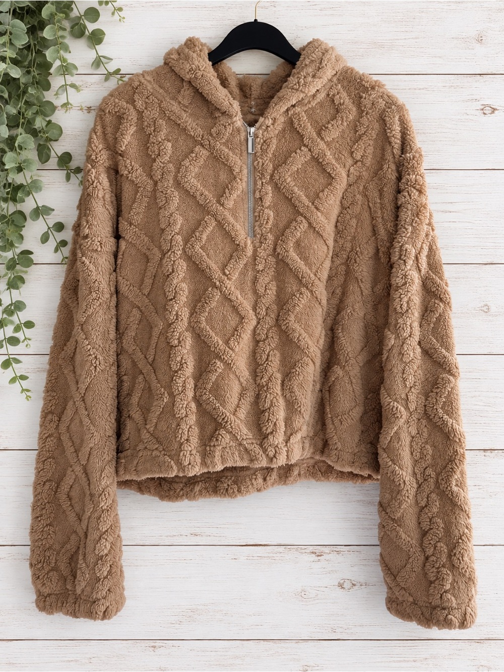 No Boundaries Plush Cable-Knit Half-Zip Hoodie - Camel Brown
